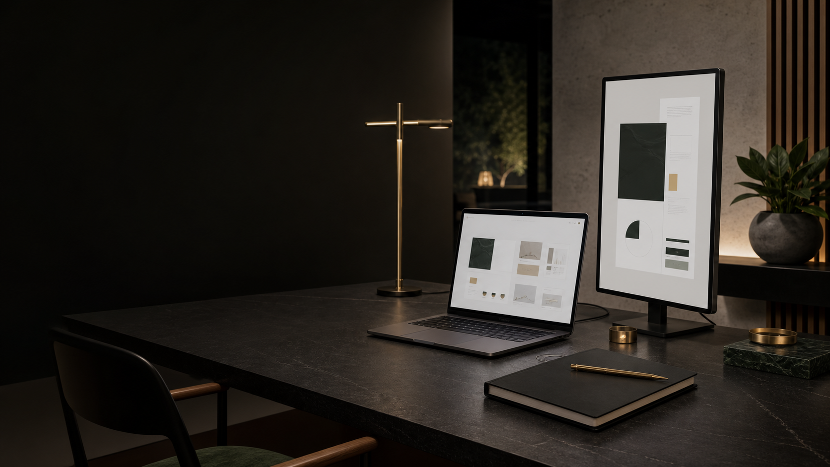 A refined software studio workspace with dark materials and warm brass light